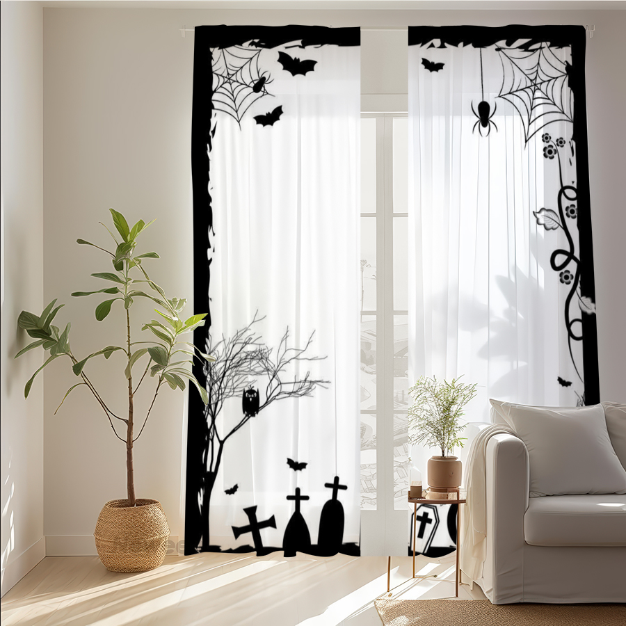 2PCS Digital Print Sheer Curta - Spider Web Halloween Decoration 评论和价格