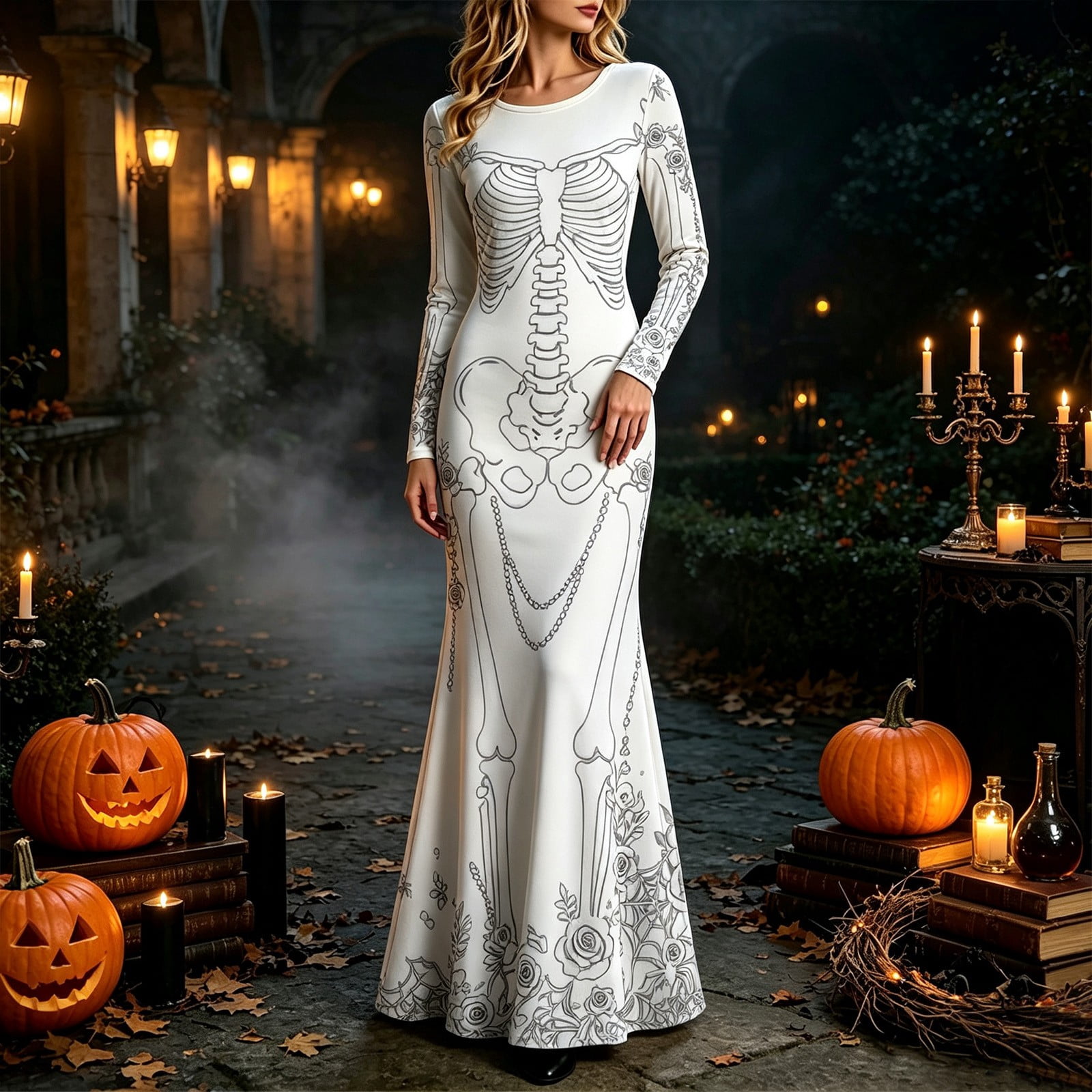 Women Skeleton Rose Print Maxi - Halloween Skeleton Decoration 评论和价格