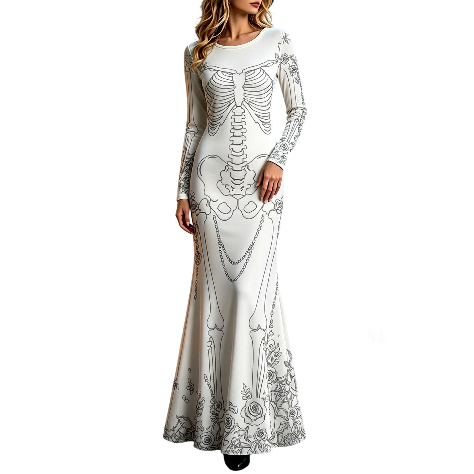 Women Skeleton Rose Print Maxi - Halloween Skeleton Decoration 评论和价格