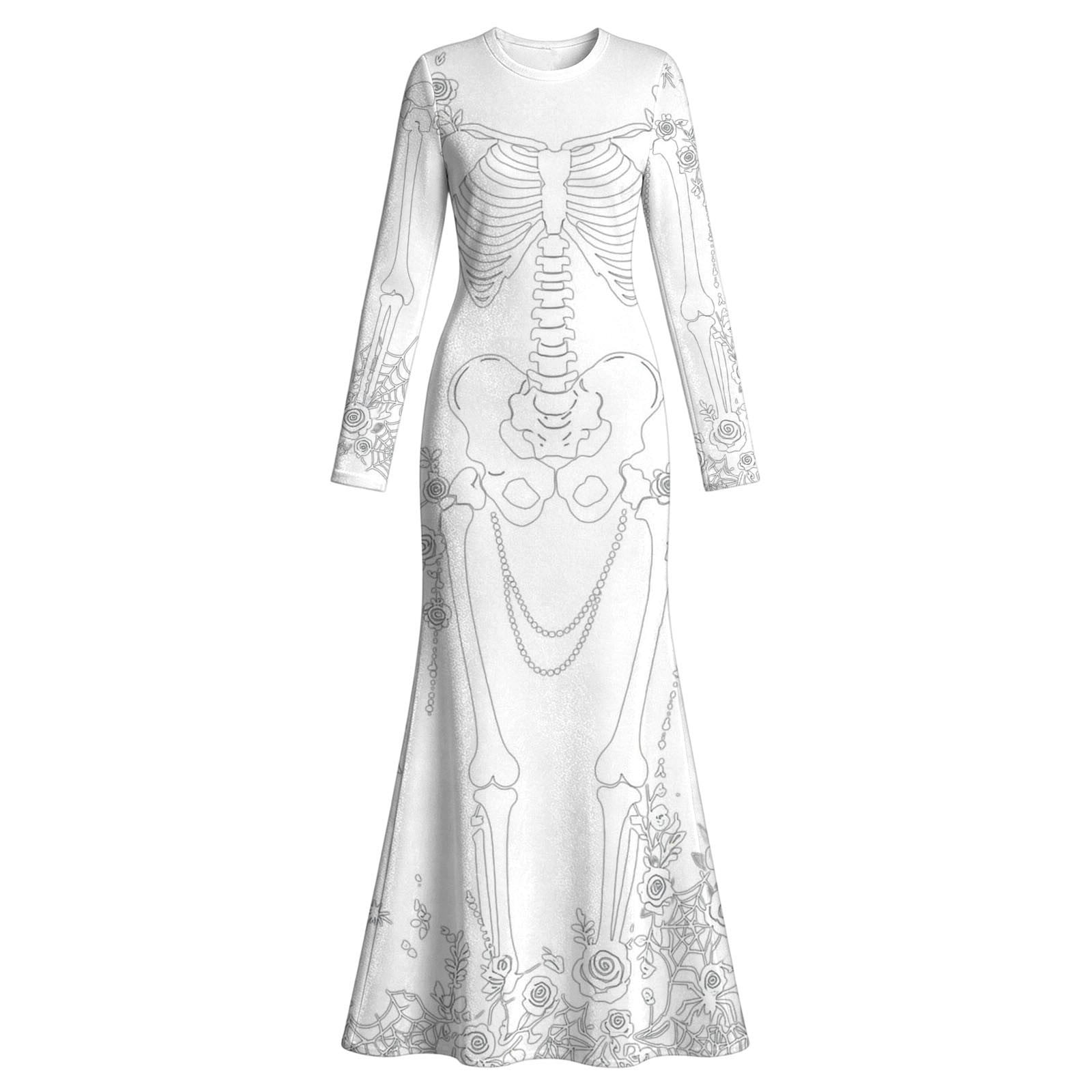 Women Skeleton Rose Print Maxi - Halloween Skeleton Decoration 评论和价格
